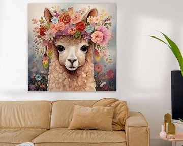 Schilderij Alpaca Bloemen van Abstract Schilderij