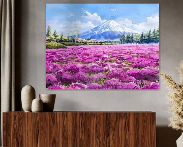 Magenta bloemenveld en berg Fuji van herculeng