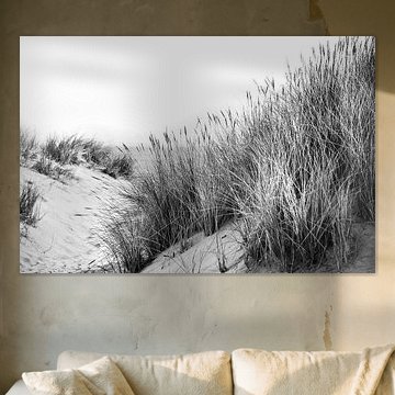 Duinen met helmgras en uitzicht op zee in zwart-wit van Anouschka Hendriks