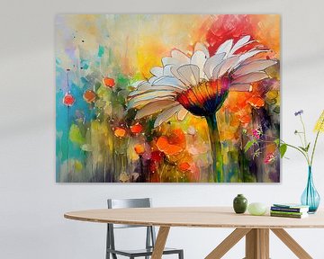 Mixed media schilderij van grote witte Margriet