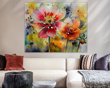 Modern en kleurrijk schilderij van Dahlia's in de border van Studio Pieternel