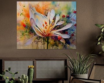 Mixed media schilderij van een Agapanthus (Afrikaanse Lelie) van Studio Pieternel