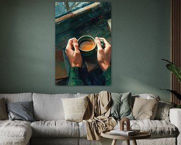 Gezellige ochtend - Kleurrijke illustratie van een koffiemoment van Poster Art Shop