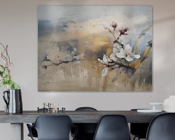 Mixed media schilderij van een tak met Appelbloesem van Studio Pieternel