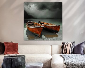 Stormachtige woken boven de houten boten op de Adriatische Zee van Karina Brouwer