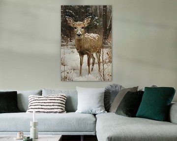 Realistisch schilderij van hert in besneeuwd bos van De Muurdecoratie