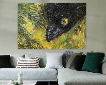 Abstracte vogel in levendige kleuren en bladeren van De Muurdecoratie