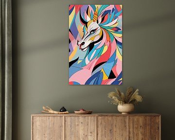 Kleurrijk abstract paard in kubistische stijl van De Muurdecoratie