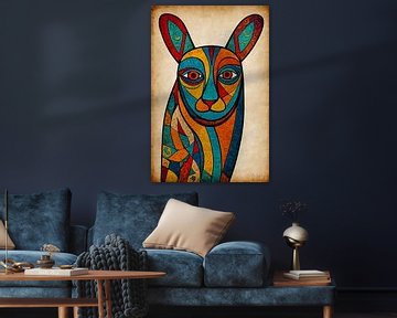 Kleurrijke kubistische kat kunstwerk van De Muurdecoratie
