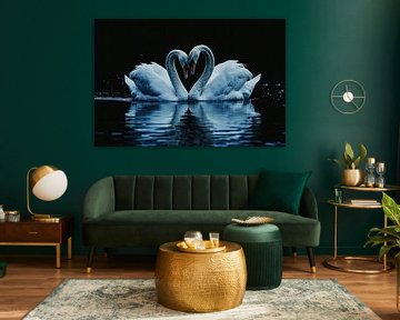 Two swans in heart shape on water by Art & Soul Creations
