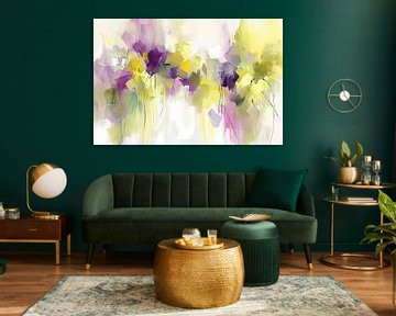 Abstract bloemenveld schilderij met levendige kleuren van De Muurdecoratie