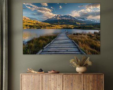 Wooden path to mountains in beautiful landscape