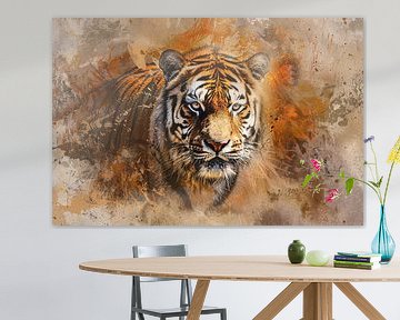 Abstract expressive tiger portrait in orange tones by Art & Soul Creations