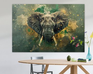 Realistisch olifantportret in dynamische kleuren van De Muurdecoratie