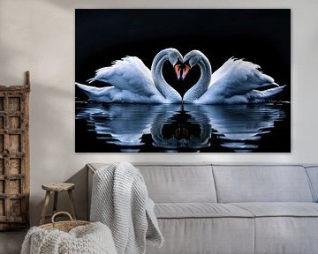 Twee zwanen vormen hart op water van De Muurdecoratie