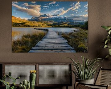 Brug naar serene berglandschap bij meer van Art & Soul Creations