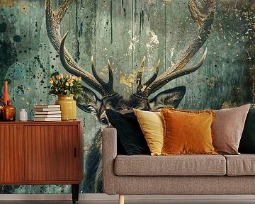 Hert met abstracte achtergrond in groen en goud van Art & Soul Creations