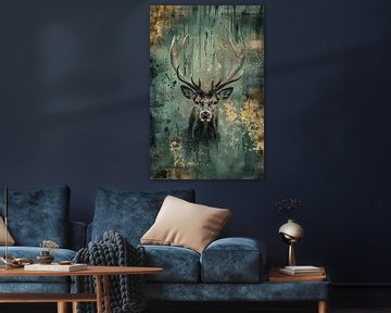 Hert met abstracte achtergrond in groen en goud van De Muurdecoratie