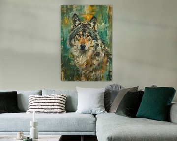 Elegante olieverfschilderij van een wolf op abstracte achtergrond van Art & Soul Creations