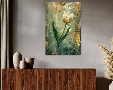 Witte tulp in abstracte expressieve olieverf van Art & Soul Creations