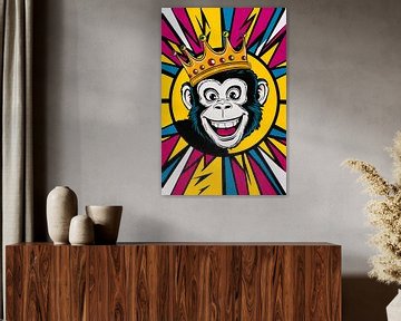 Vrolijke aap met kroon in popart stijl van De Muurdecoratie