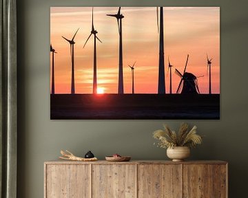 Windmill and Wind turbines at Sunset