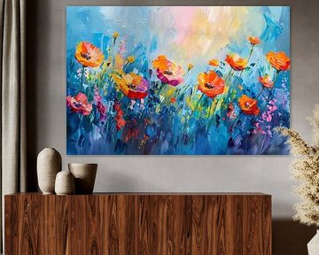 Abstract kleurrijk bloemenveld schilderij op canvas