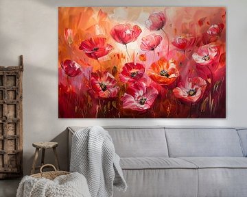 Expressieve abstracte bloemen in kleurrijk veld van De Muurdecoratie