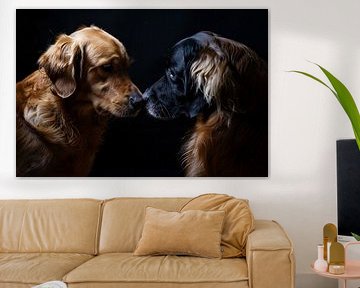 Two dogs hit each other with the nose