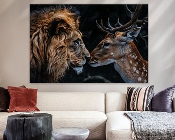 Lion and deer against dark background by Art & Soul Creations