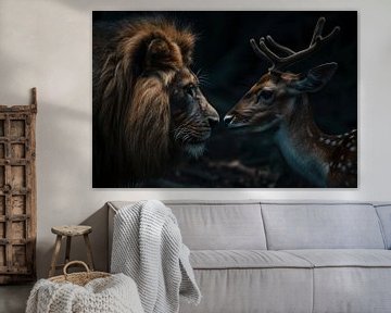 Leeuw en hert in een donker bos van Art & Soul Creations