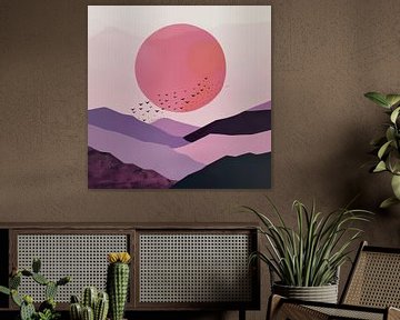 Roze zonsondergang met vogels van Poster Art Shop