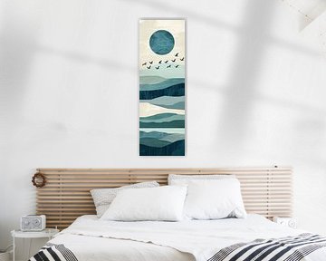 Blue sunrise with birds - Minimalist landscape art by Poster Art Shop
