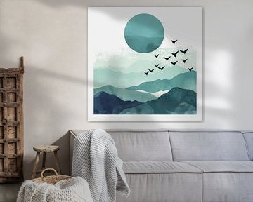 Blue sunrise with birds - Minimalist landscape art by Poster Art Shop