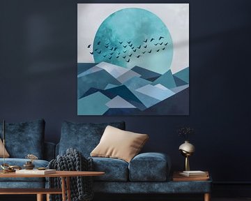 Blue sunrise with birds - Minimalist landscape art by Poster Art Shop