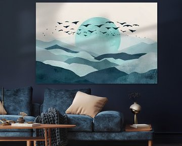 Blauwe zonsopgang met vogels - Minimalistische landschapskunst van Poster Art Shop