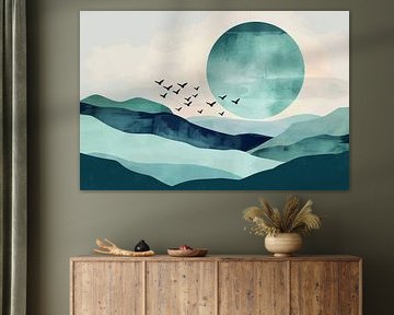 Blue sunrise with birds - Minimalist landscape art by Poster Art Shop
