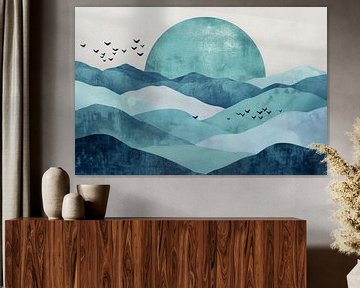 Blauwe zonsopgang met vogels - Minimalistische landschapskunst van Poster Art Shop