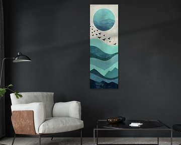 Blue sunrise with birds - Minimalist landscape art by Poster Art Shop