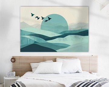 Blue sunrise with birds - Minimalist landscape art by Poster Art Shop