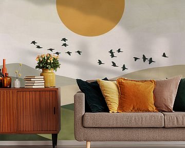 Groene zonsopgang met vogels - Minimalistische landschapskunst van Poster Art Shop