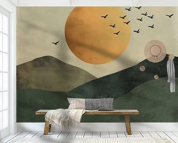 Green sunrise with birds - Minimalist landscape art by Poster Art Shop