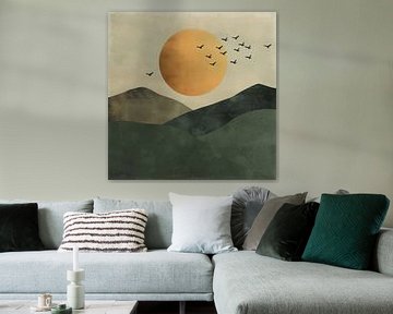 Groene zonsopgang met vogels - Minimalistische landschapskunst van Poster Art Shop