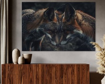 Two foxes face each other in dark surroundings by Art & Soul Creations