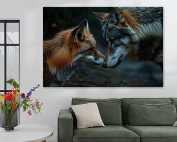 Vos en wolf neus aan neus schilderij van De Muurdecoratie