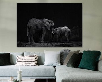 Zwart-wit olifanten moeder en kalf kunst van De Muurdecoratie