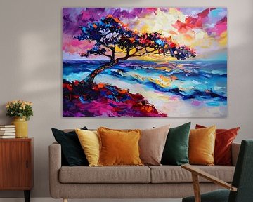 Kleurrijk abstract schilderij van boom en zee van De Muurdecoratie