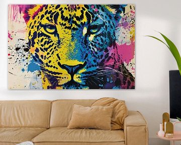 Kleurrijke popart schilderij van een luipaard van De Muurdecoratie