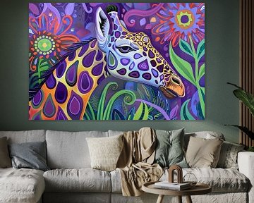 Abstract kleurrijk giraffe schilderij in psychedelische stijl van De Muurdecoratie