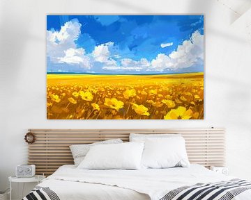 Schilderij van bloemenveld onder blauwe lucht van Art & Soul Creations